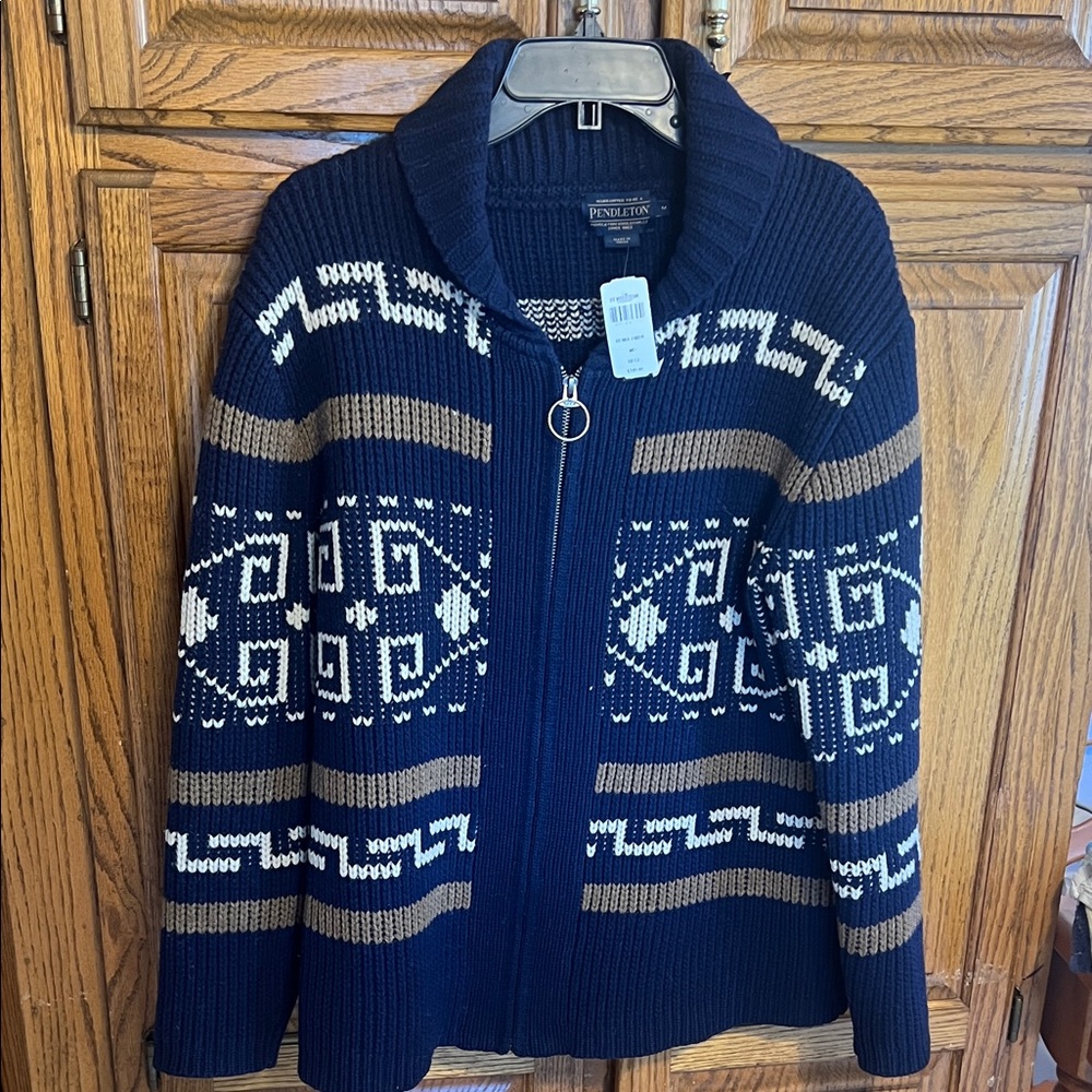 Big Lebowski sweater Pendleton Navy and Brown Geometric Zip-Up Sweater